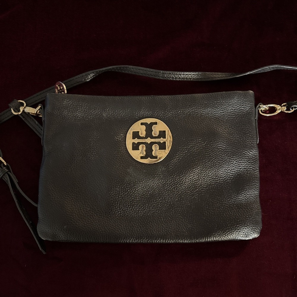 Tory Burch Crossbody Bag Black Pebbled Leather Large Gold Emblem Zip Top Medium